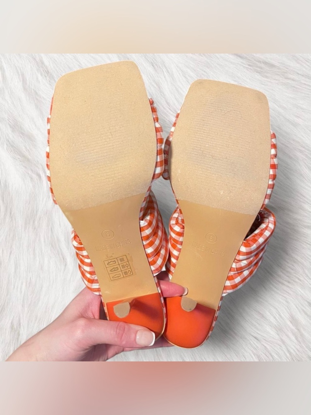 Prettylittlething Orange Gingham Square Toe Kitten Heels - Picture 4 of 4